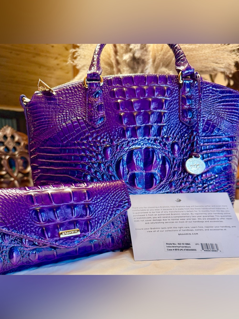 Brahmin Royal  Purple medium Duxbury  Satchel with matching wallet. Perfect eye